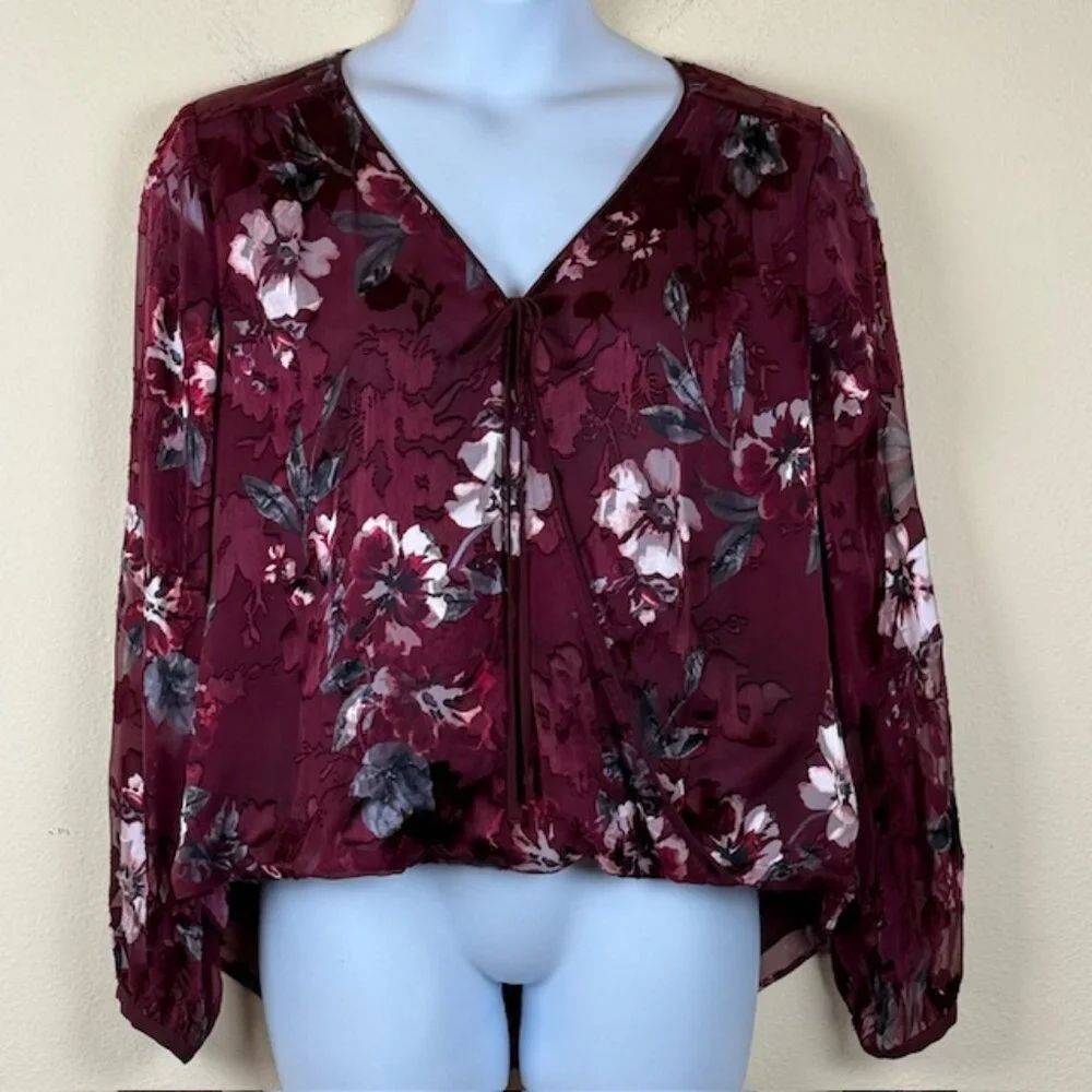 White House Black Market Blouse Women 16 Silk Blend Burgundy Long Sleeve - Picture 4 of 16